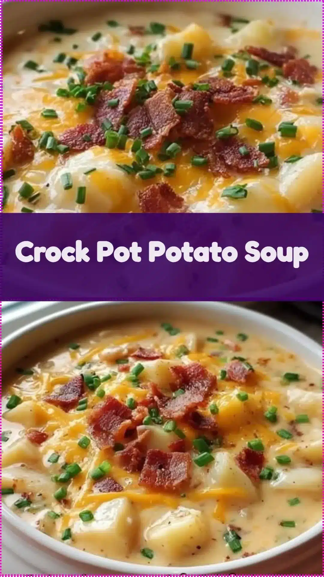 Crock Pot potato soup garnished with herbs and served in a bowl