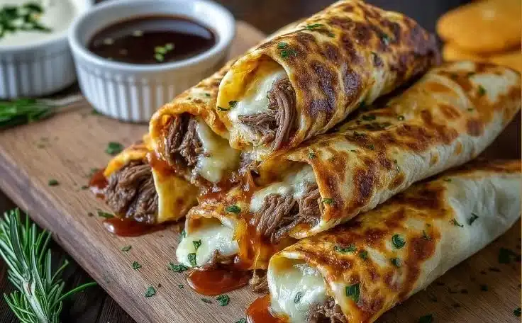 French Dip Tortilla Roll Ups served with savory dip in a crispy tortilla