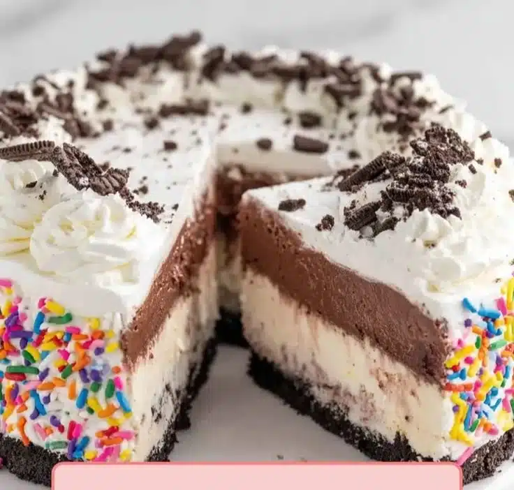 Delicious homemade ice cream cake layered with chocolate and vanilla flavors.