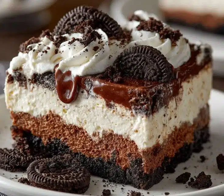 Delicious Oreo Dirt Cake Layer Dessert with chocolate and cream toppings