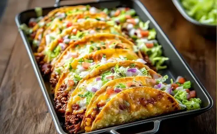 Oven-baked cheesy tacos arranged on a plate, showcasing crispy and melty perfection.
