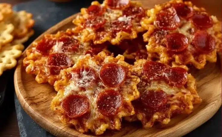 Pepperoni Pizza Cracker Bites served on a plate with a dipping sauce.