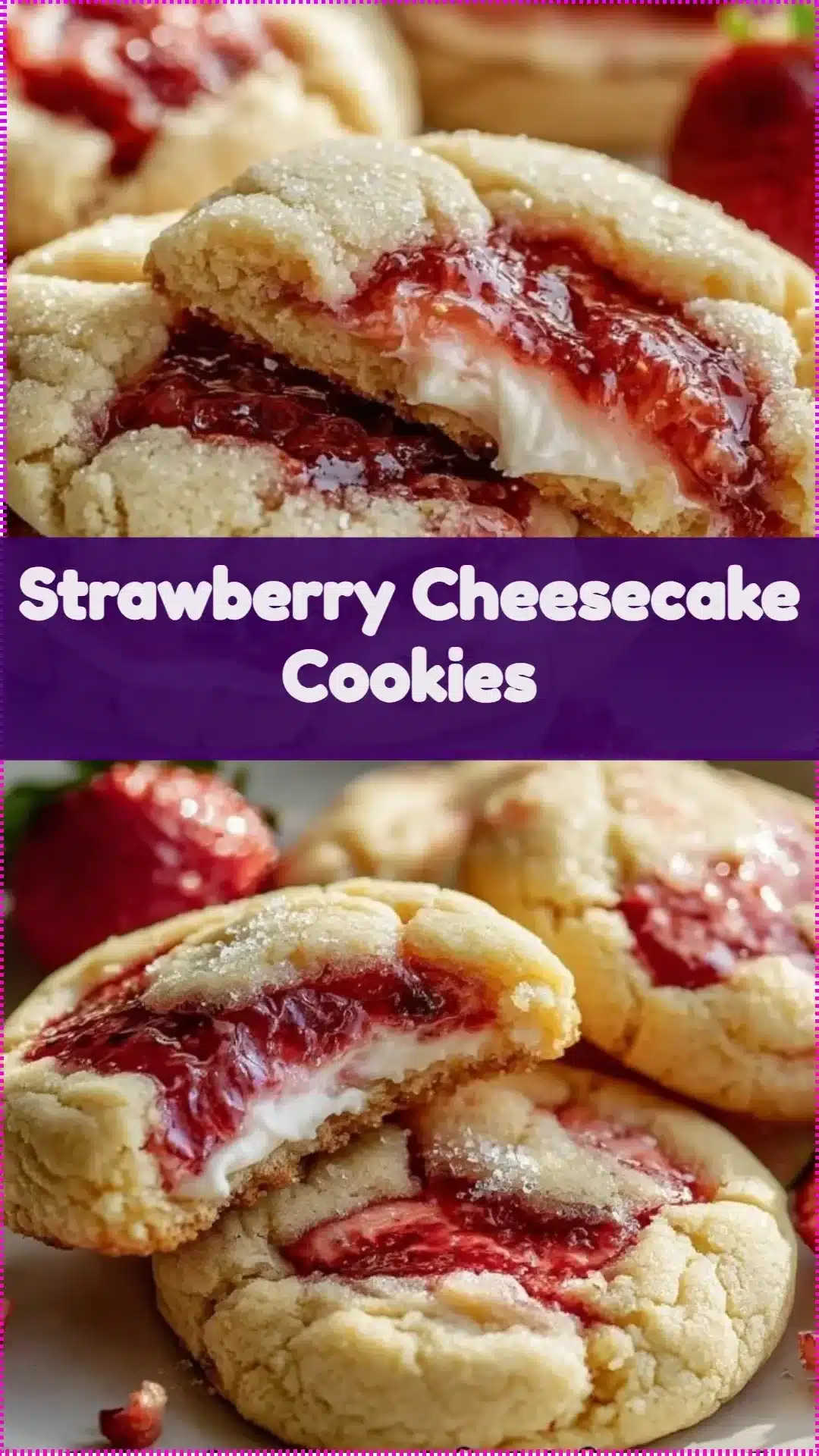 Delicious strawberry cheesecake cookies topped with fresh strawberries and cream cheese frosting.