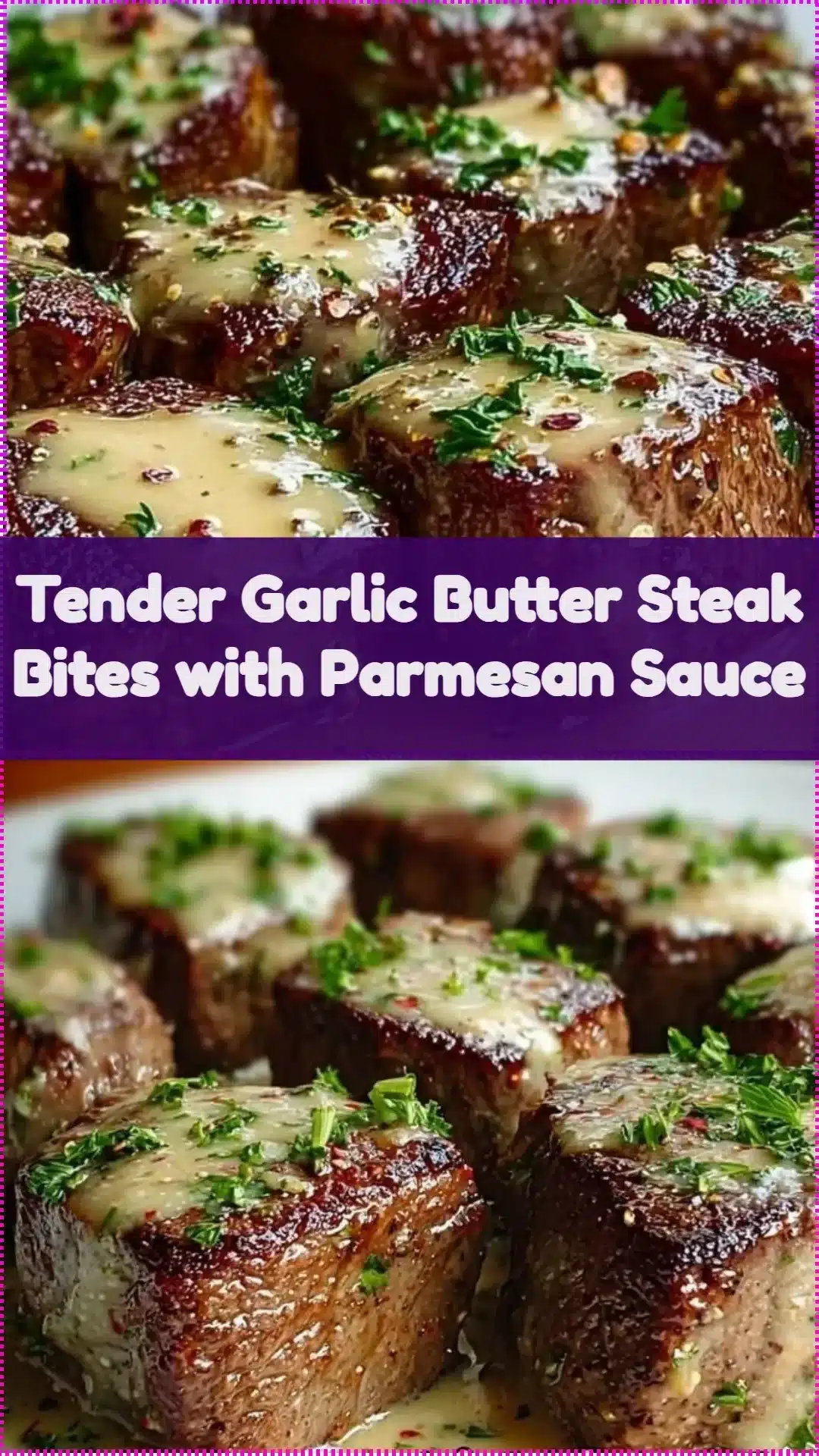 Tender garlic butter steak bites topped with creamy parmesan sauce on a plate.