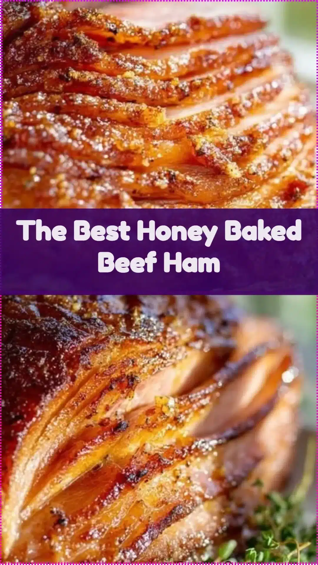 Delicious honey baked beef ham ready to be served with garnishes.