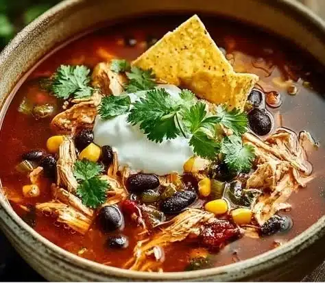 Bowl of 30-minute chicken taco soup garnished with cilantro and lime