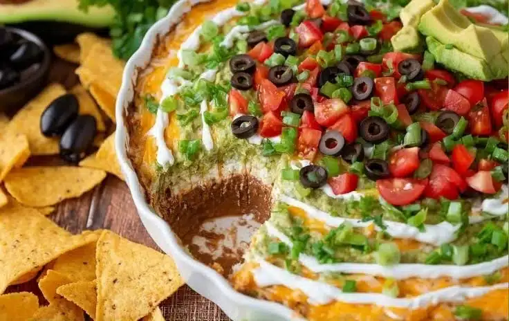 Delicious 7 Layer Dip in a party bowl, ready for serving.