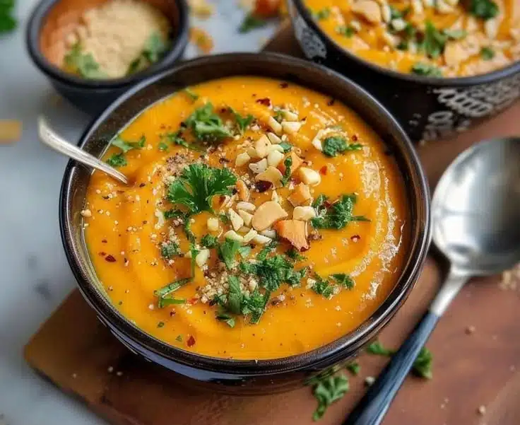 Bowl of homemade carrot ginger soup garnished with fresh herbs