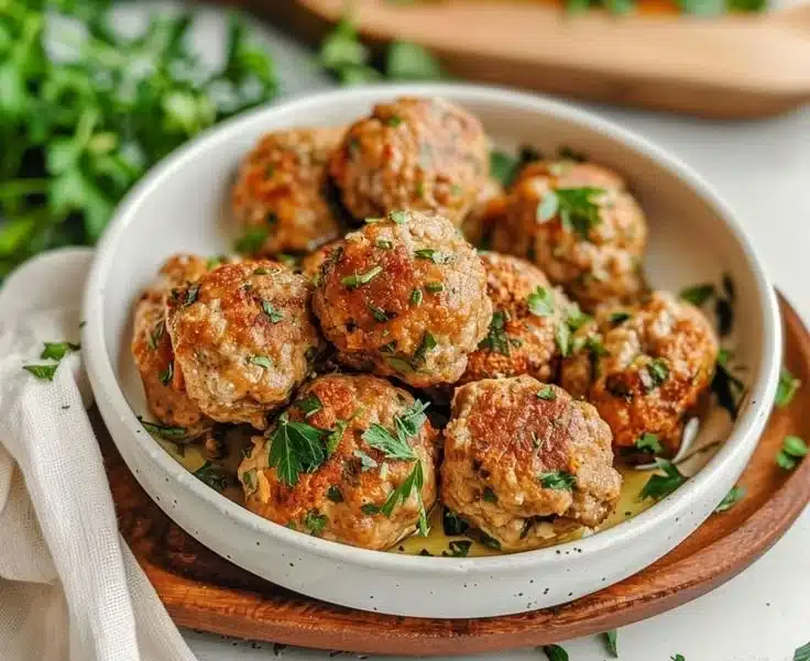 Delicious air fryer turkey meatballs garnished with herbs