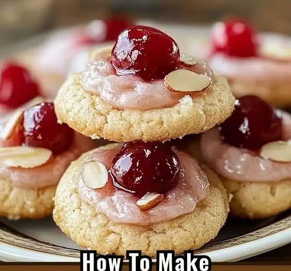 Delicious Almond Maraschino Cherry Cookies on a baking tray