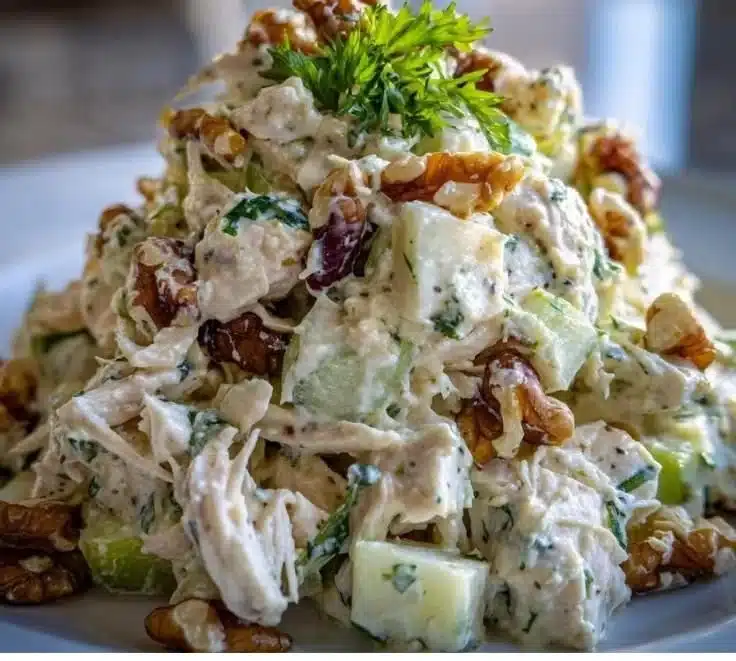 Quick and easy apple walnut chicken salad featuring fresh ingredients.