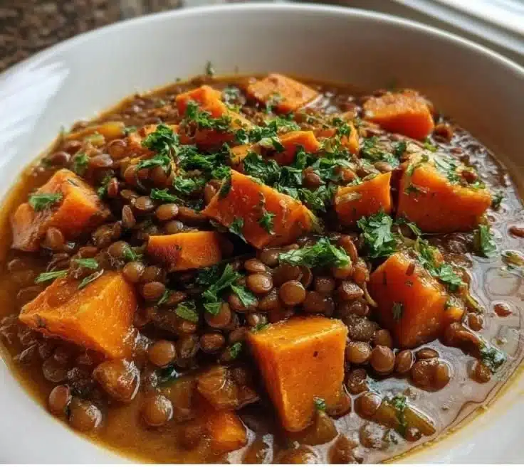 Bowl of sweet potato lentil stew with vibrant ingredients