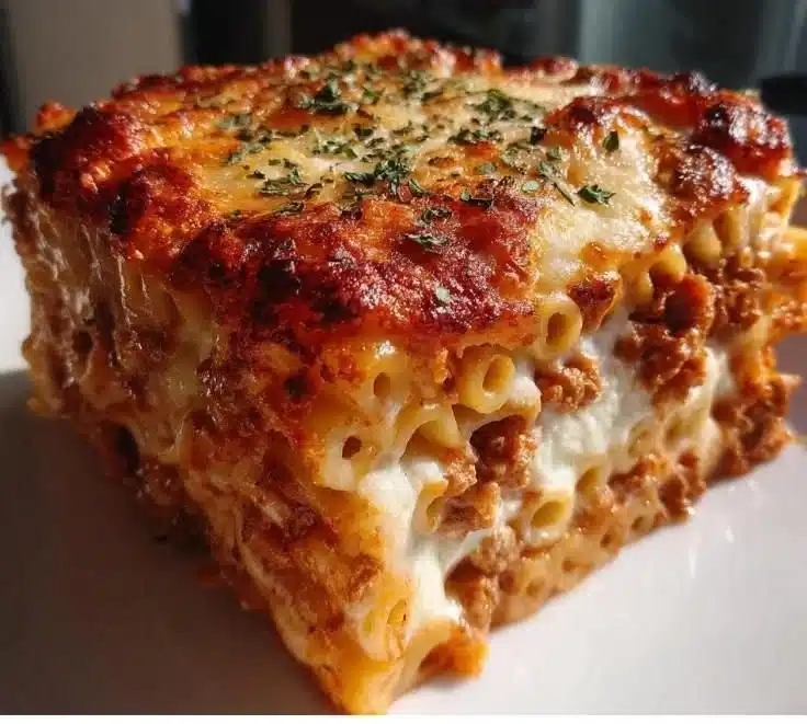Delicious baked ziti with sausage and ricotta in a casserole dish
