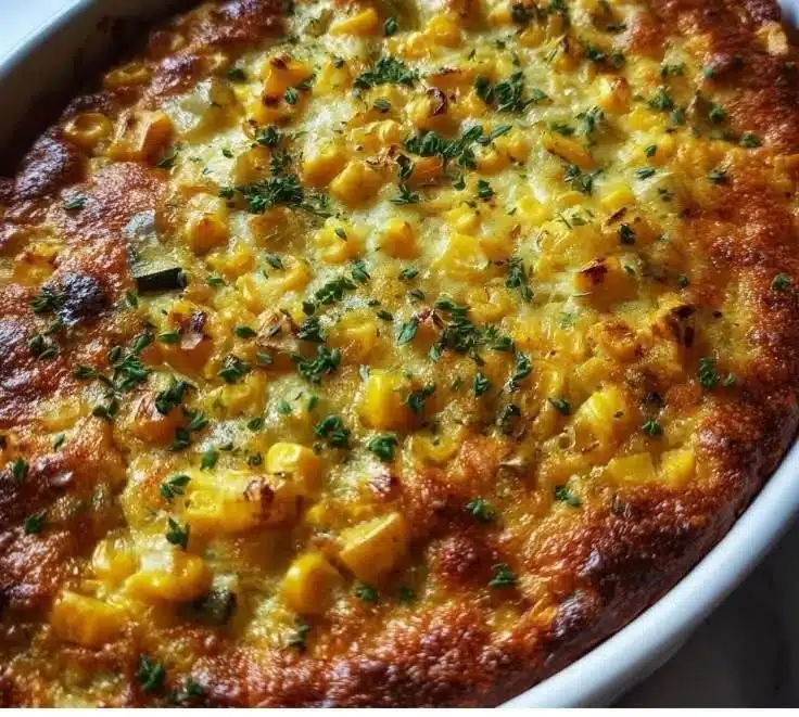 Delicious and colorful Corn Squash Casserole served in a baking dish