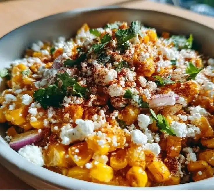 Delicious Mexican street corn bowl topped with cheese and spices