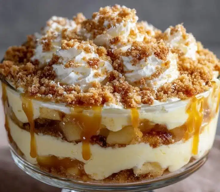 Delicious Apple Crisp Cheesecake Trifle with layers of cheesecake and crunchy apple topping