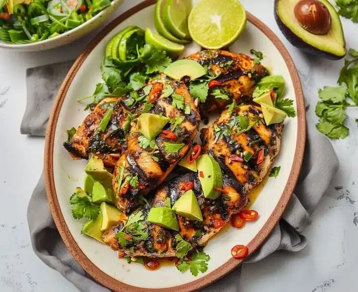 Avocado Chili Lime Grilled Chicken on a plate garnished with lime and avocado slices
