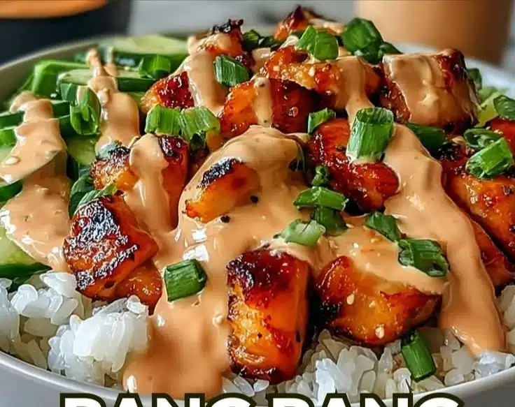 Bang Bang Chicken Bowl with crispy chicken, spicy sauce, and fresh vegetables