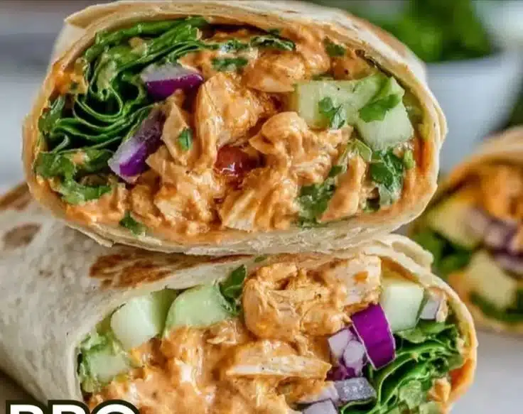 BBQ grilled chicken wrap with fresh veggies and sauce on a wooden platter