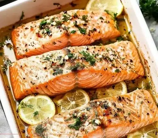 Delicious baked salmon with lemon butter sauce on a plate