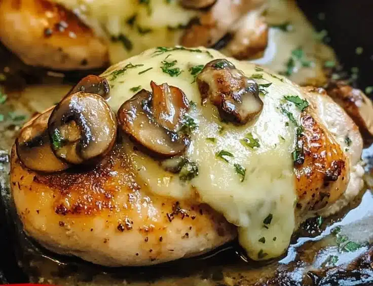 Cheesy garlic butter mushroom stuffed chicken on a plate garnished with herbs.