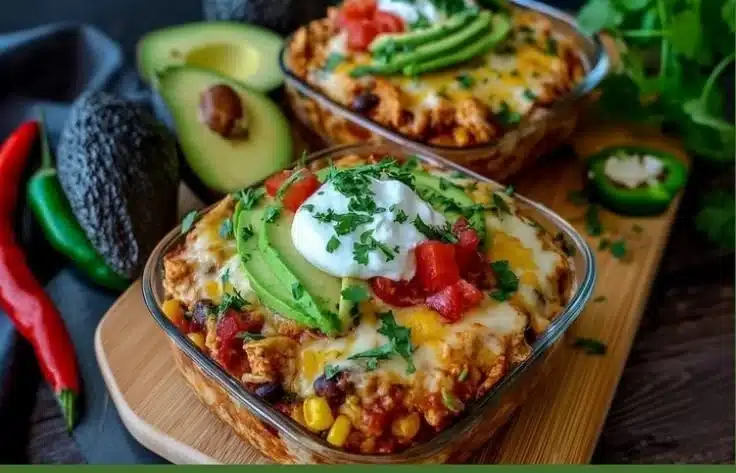 Creamy chicken enchilada bowl topped with fresh ingredients and cheese