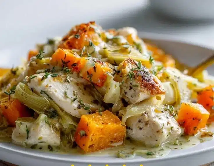 Delicious Chicken Bake with leeks and butternut squash served in a dish