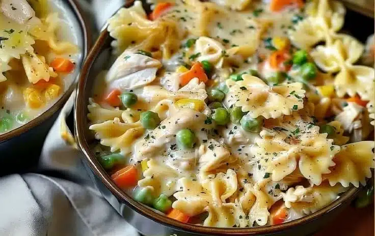 Delicious Chicken Pot Pie Pasta served in a cozy bowl, showcasing creamy comfort.