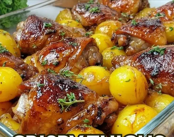 Juicy chicken thighs roasted with tender potatoes in a flavorful dish