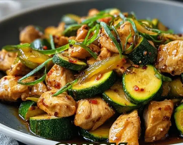 Delicious Chicken Zucchini Stir Fry with colorful vegetables and tender chicken pieces.