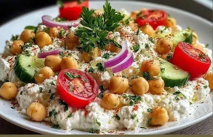 Cottage Cheese and Chickpeas Salad with fresh vegetables and herbs
