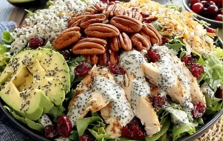Delicious bowl of cranberry pecan chicken salad with vibrant colors and ingredients