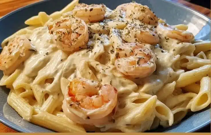 Creamy Boursin shrimp pasta garnished with herbs and shrimp