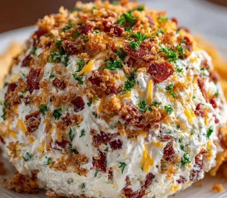Creamy Chipped Beef Cheese Ball garnished and ready to serve