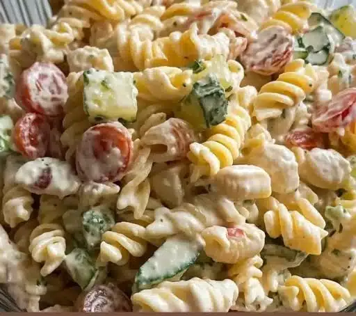 Creamy pasta salad served in a bowl, ideal for summer parties and gatherings.