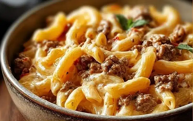 Creamy Rotel pasta with ground beef served in a bowl