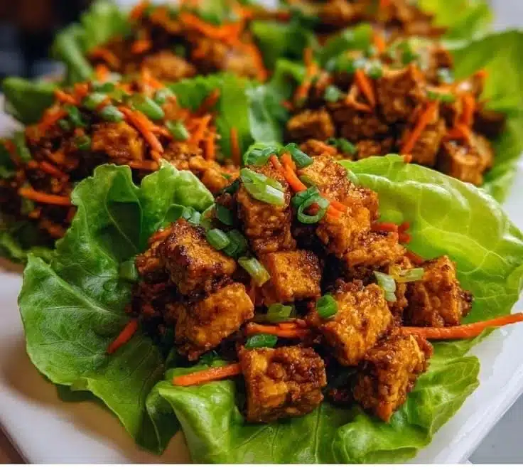 Crispy tofu lettuce wraps with fresh vegetables and dipping sauce.