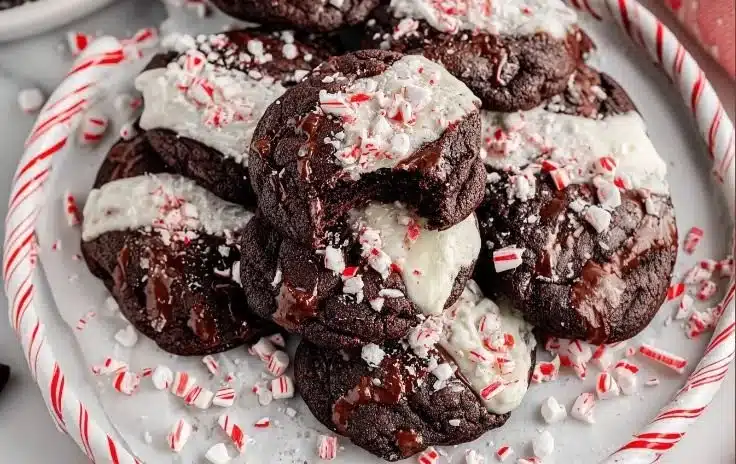Double Chocolate Peppermint Bark Cookies in a festive presentation.