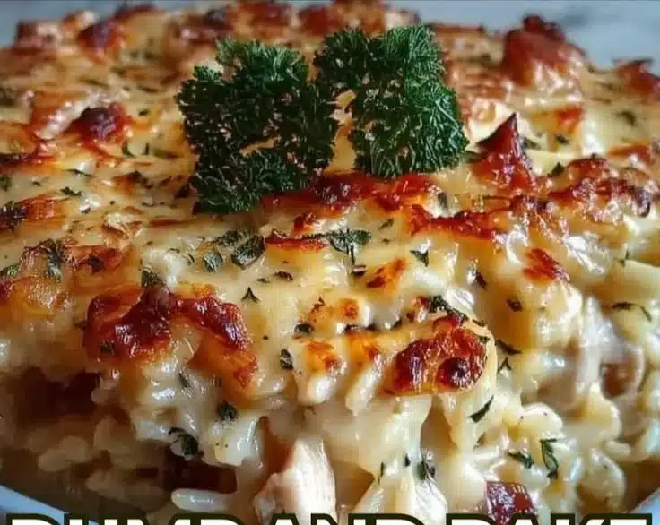 Delicious Chicken Alfredo Rice Casserole ready to serve with creamy sauce and rice