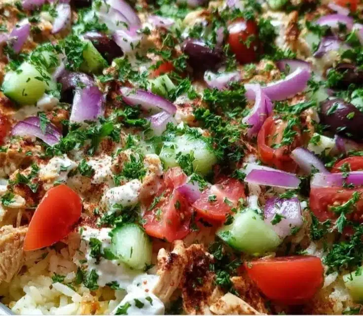 Delicious Dump-and-Bake Chicken Tzatziki Casserole topped with fresh ingredients.
