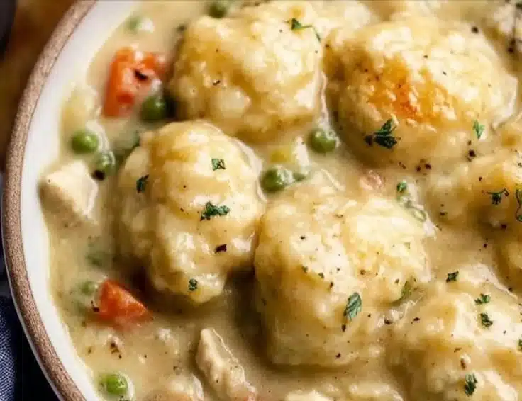 Bowl of easy chicken and dumplings with biscuits, garnished with parsley.