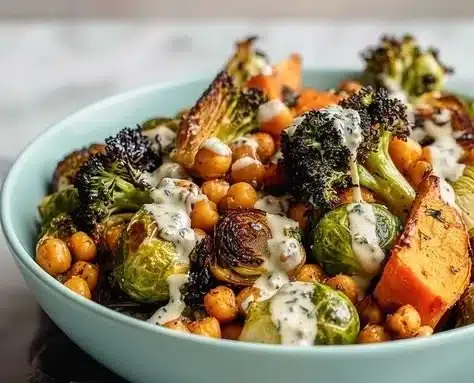 Easy roasted chickpeas with mixed vegetables in a baking dish