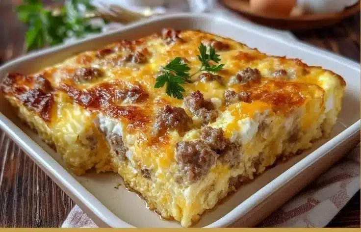 Delicious sausage and egg casserole served on a plate for breakfast