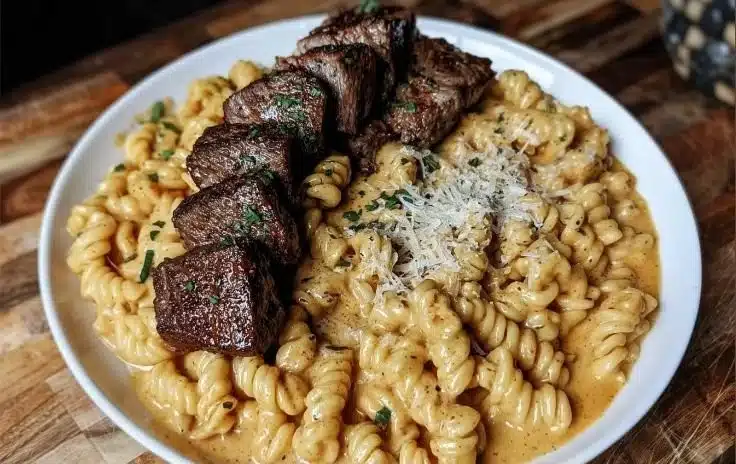 Garlic Butter Steak served with creamy Cajun Alfredo Pasta