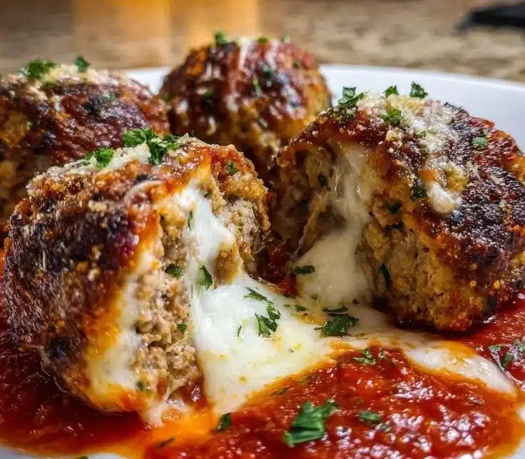 Delicious gooey mozzarella stuffed meatballs served on a plate
