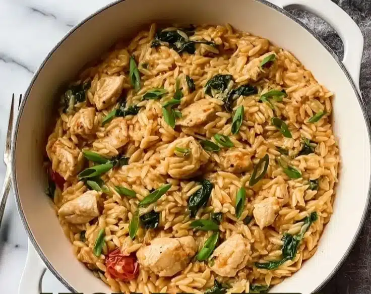 High protein chicken orzo dish with fresh herbs and vegetables