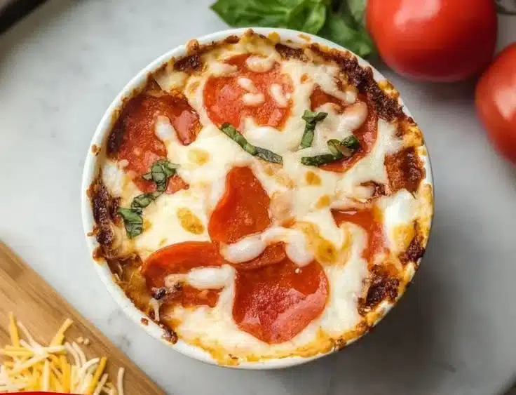 Homemade cottage cheese pizza bowl topped with fresh ingredients