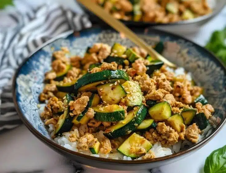 Homemade ground chicken and zucchini stir fry served in a bowl.