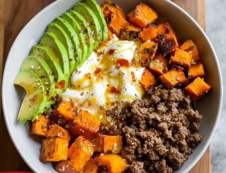 Hot Honey Ground Beef Bowl topped with colorful vegetables in a vibrant dish.