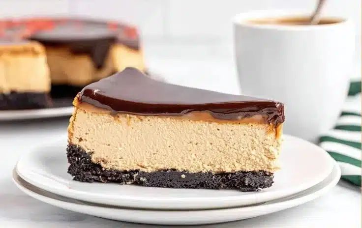 Delicious Kahlua cheesecake topped with chocolate drizzle and coffee beans